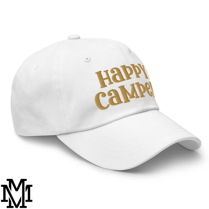 Happy Camper Embroidered Unstructured Dad Hat - White