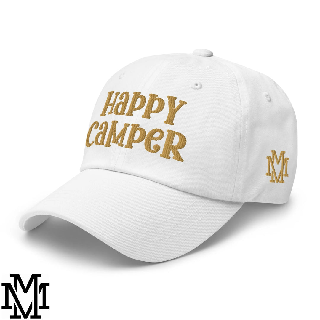 Happy Camper Embroidered Unstructured Dad Hat - White