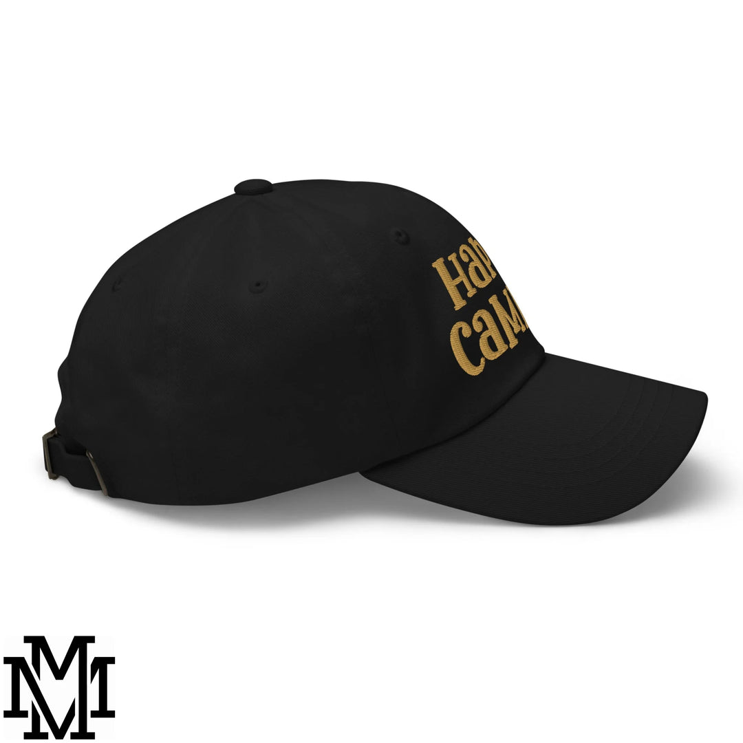 Happy Camper Embroidered Unstructured Dad Hat - Black