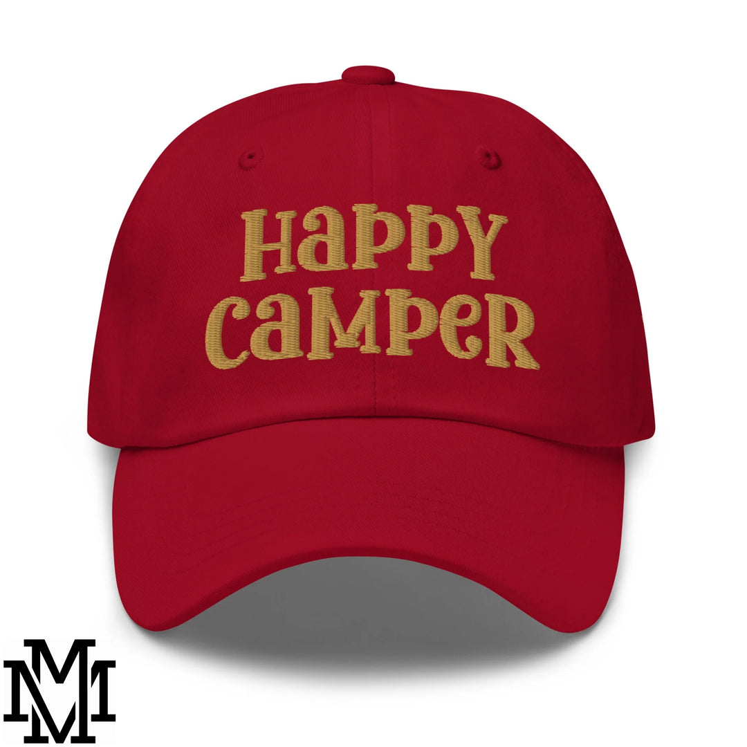 Happy Camper Embroidered Unstructured Dad Hat - Cranberry