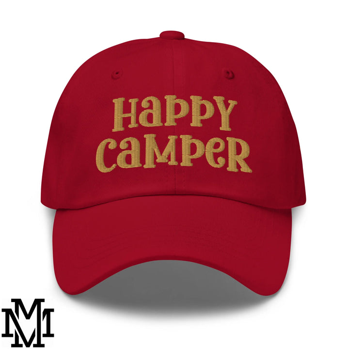 Happy Camper Embroidered Unstructured Dad Hat - Cranberry