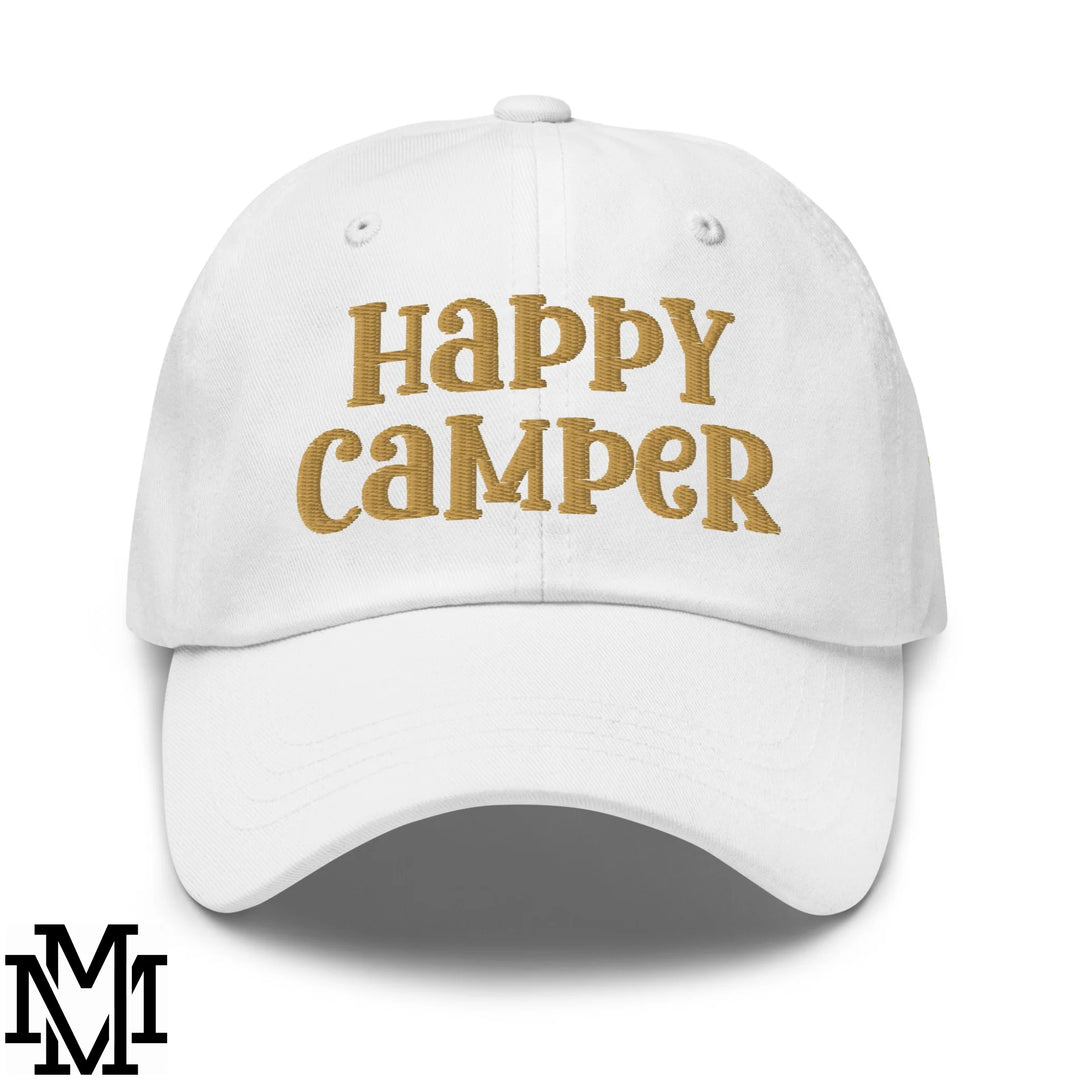 Happy Camper Embroidered Unstructured Dad Hat - White