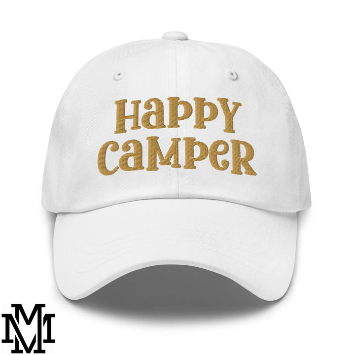 Happy Camper Embroidered Unstructured Dad Hat - White