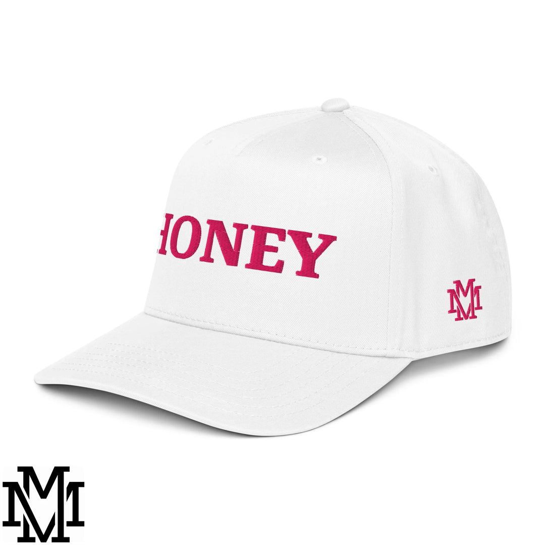 Honey Embroidered Baseball Snapback Hat - White