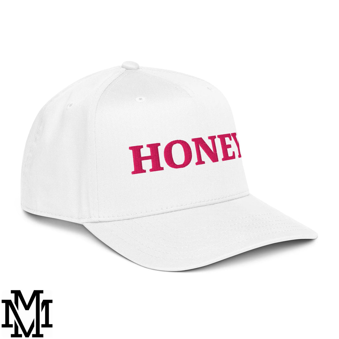 Honey Embroidered Baseball Snapback Hat - White