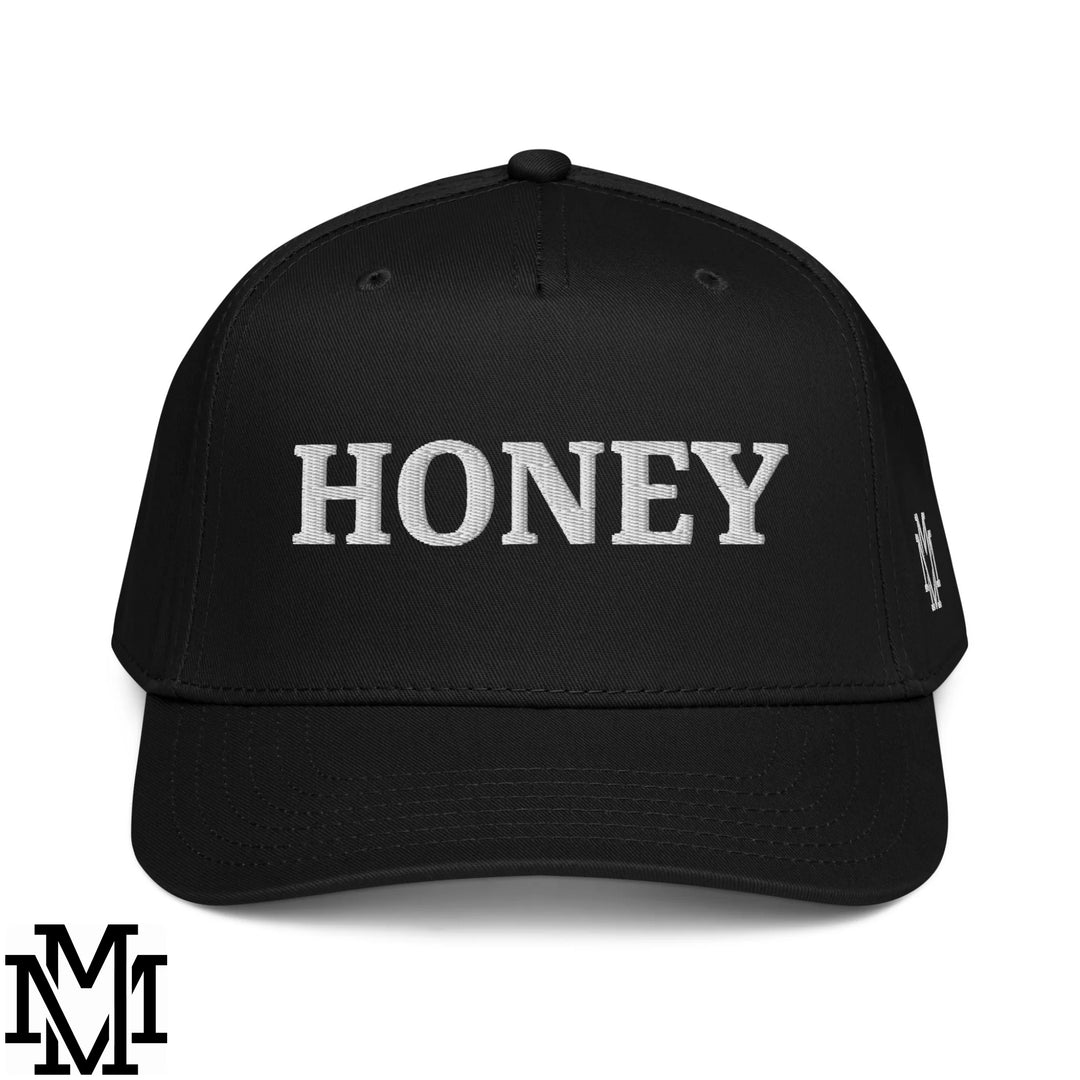 Honey Embroidered Baseball Snapback Hat - Black