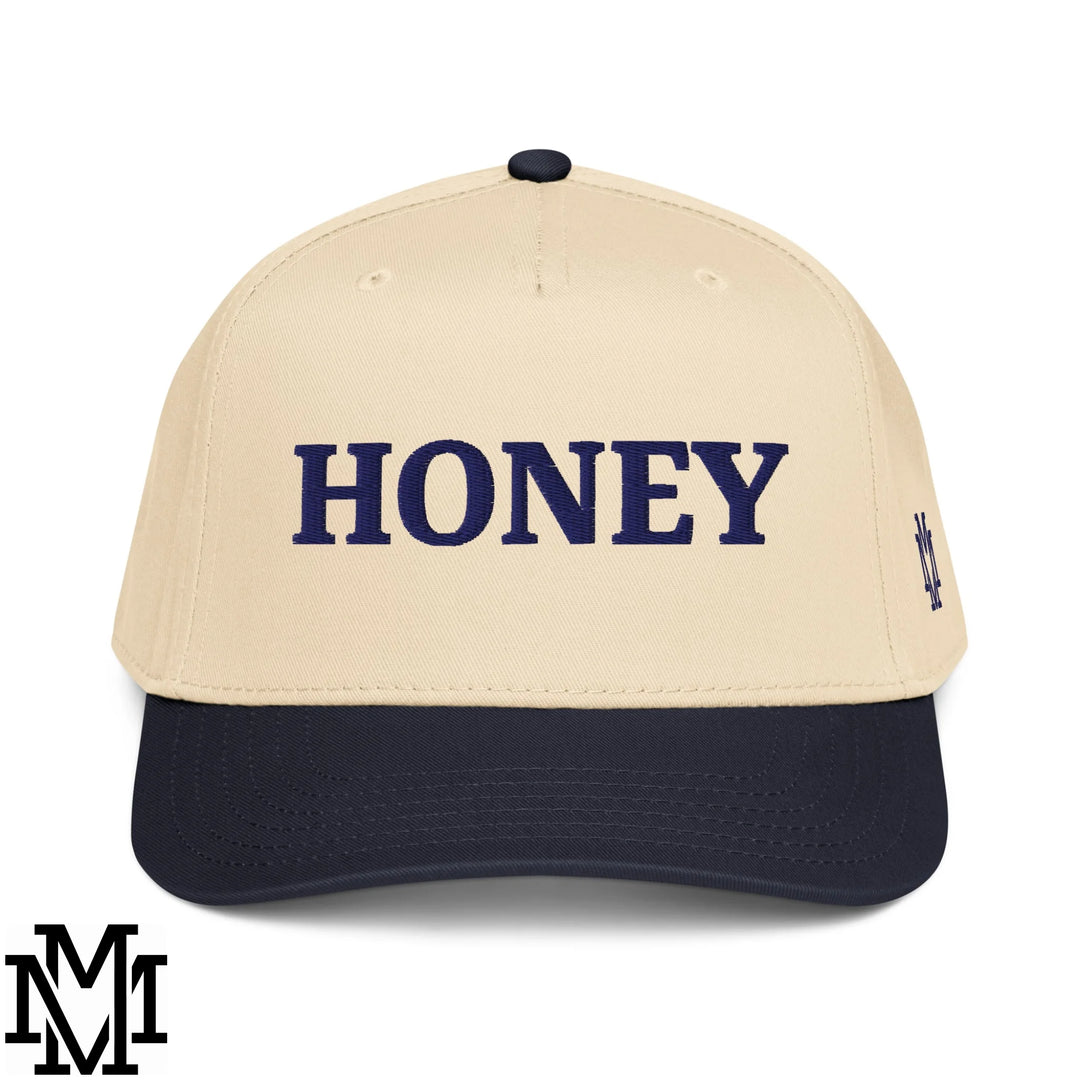 Honey Embroidered Baseball Snapback Hat - Navy Natural