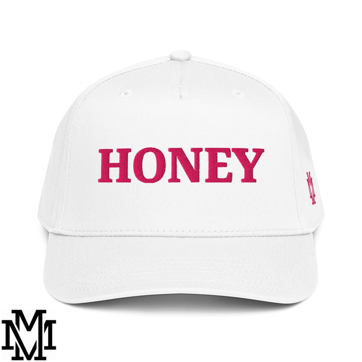 Honey Embroidered Baseball Snapback Hat - White