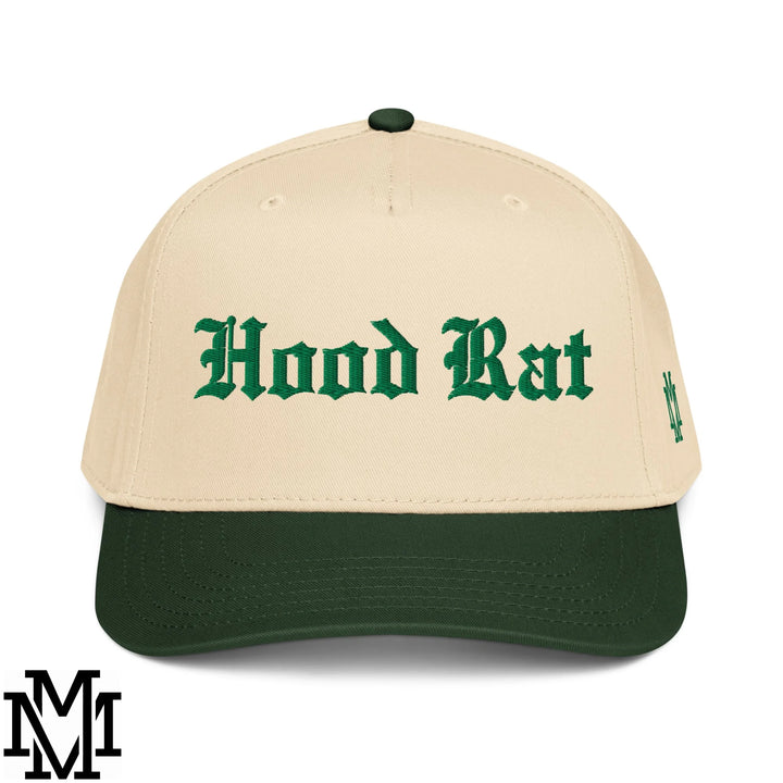Hood Rat Embroidered Baseball Snapback Hat - Dark Green Natural