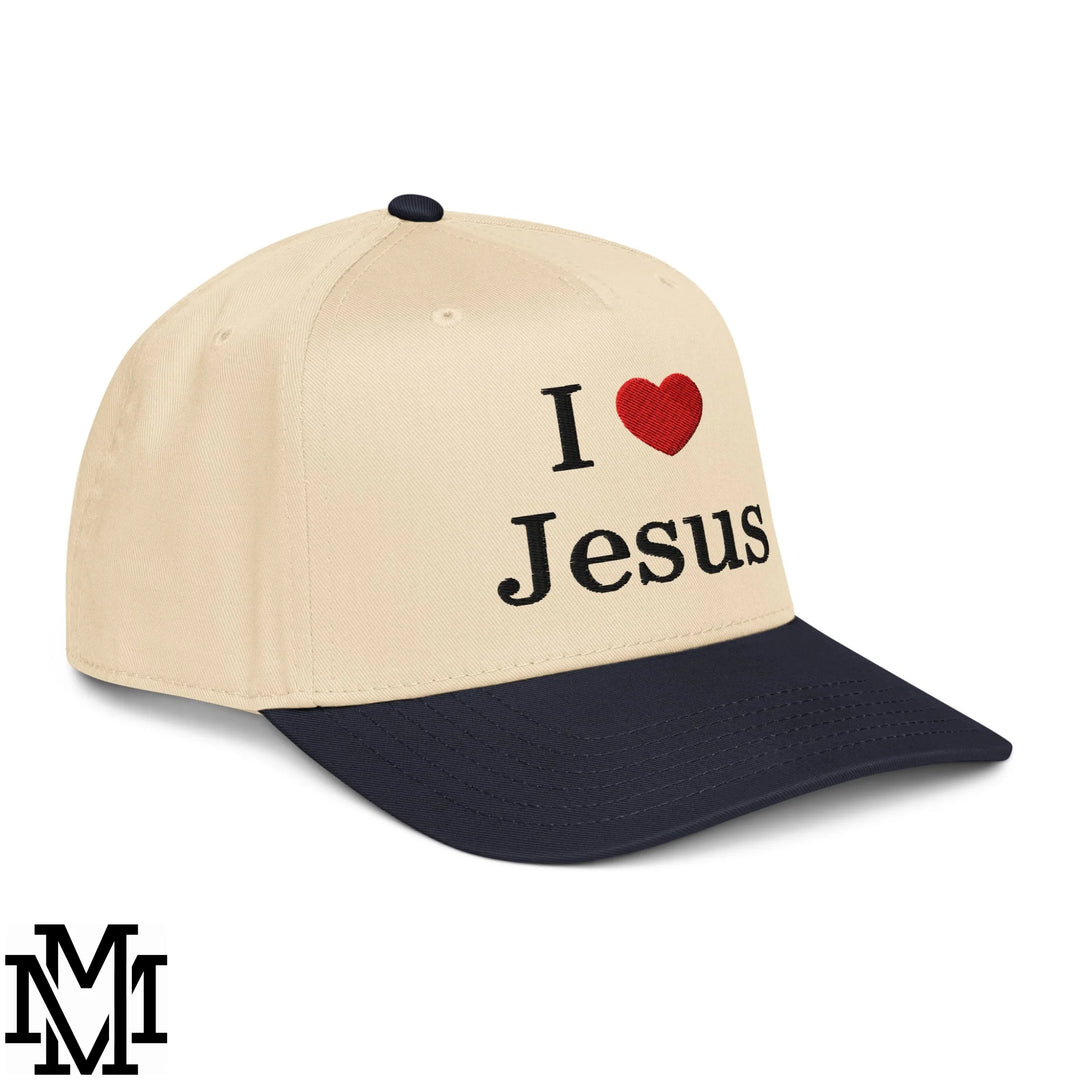 I Love Jesus Heart Embroidered Baseball Snapback Hat - Navy Natural