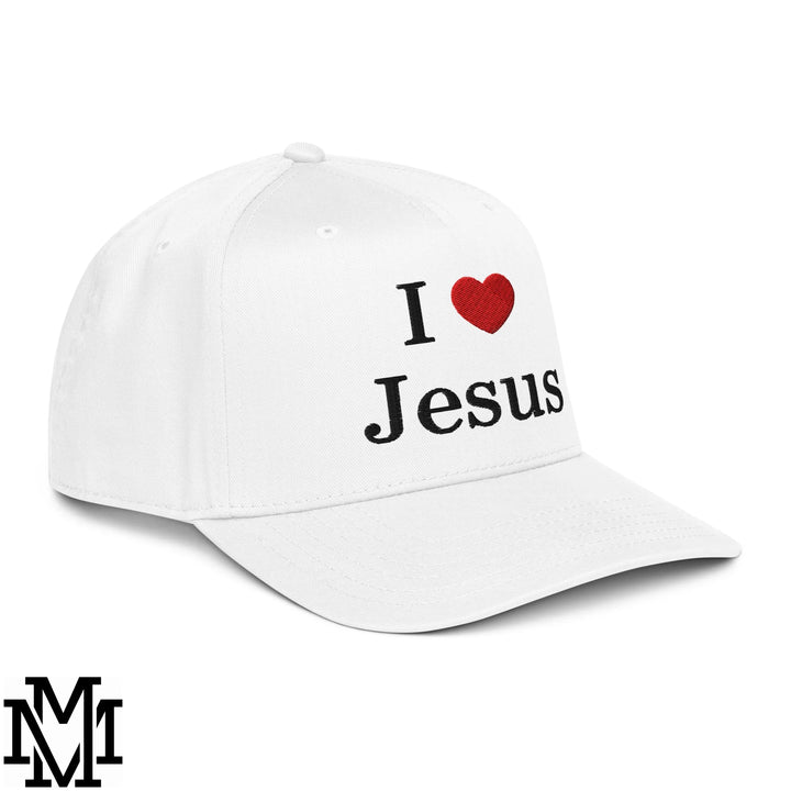 I Love Jesus Heart Embroidered Baseball Snapback Hat - White