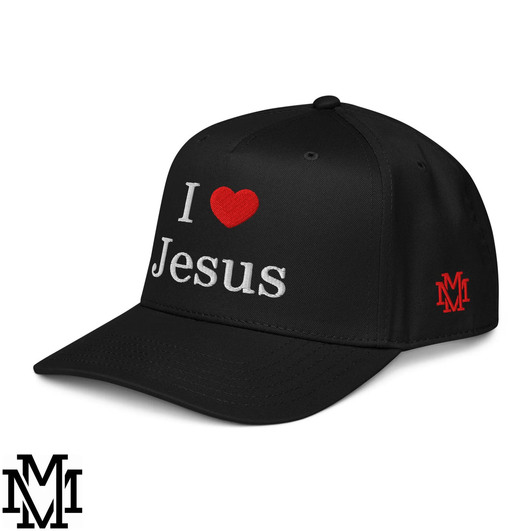 I Love Jesus Heart Embroidered Baseball Snapback Hat - Black