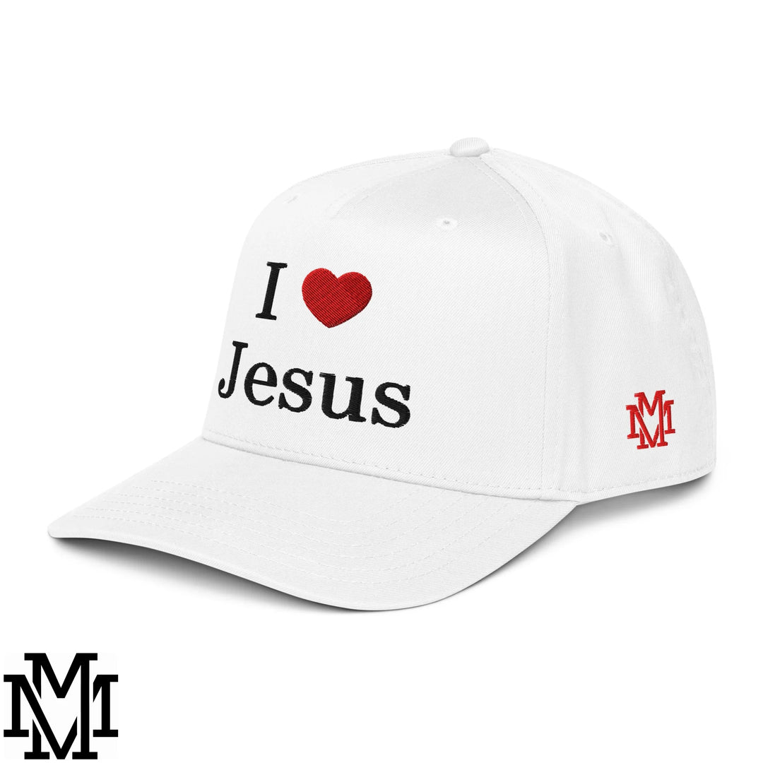 I Love Jesus Heart Embroidered Baseball Snapback Hat - White