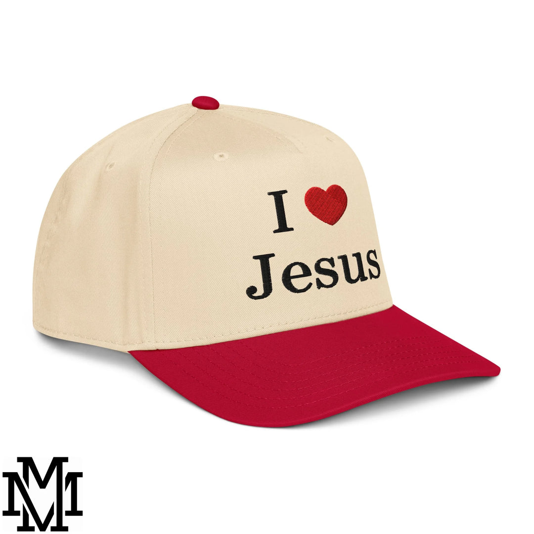 I Love Jesus Heart Embroidered Baseball Snapback Hat - Red Natural