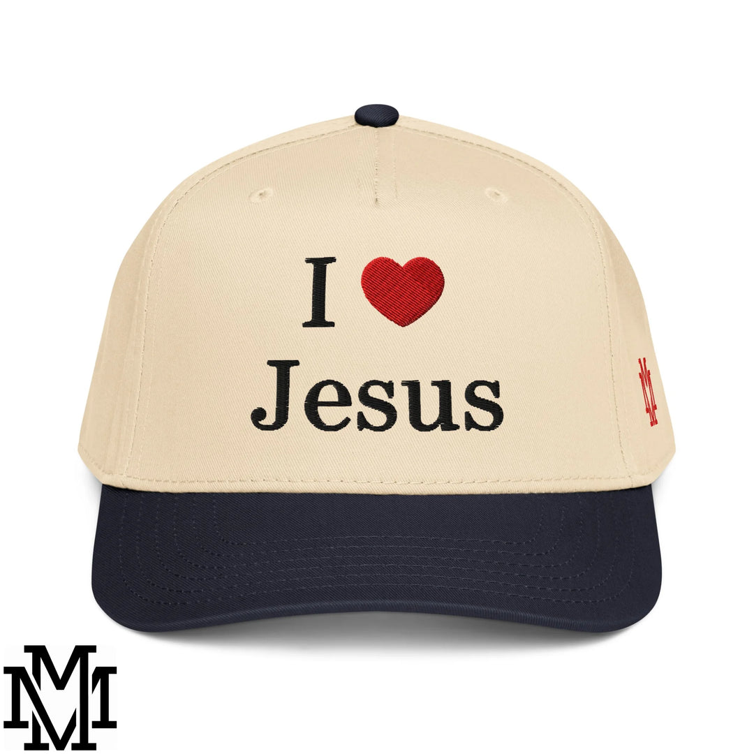 I Love Jesus Heart Embroidered Baseball Snapback Hat - Navy Natural