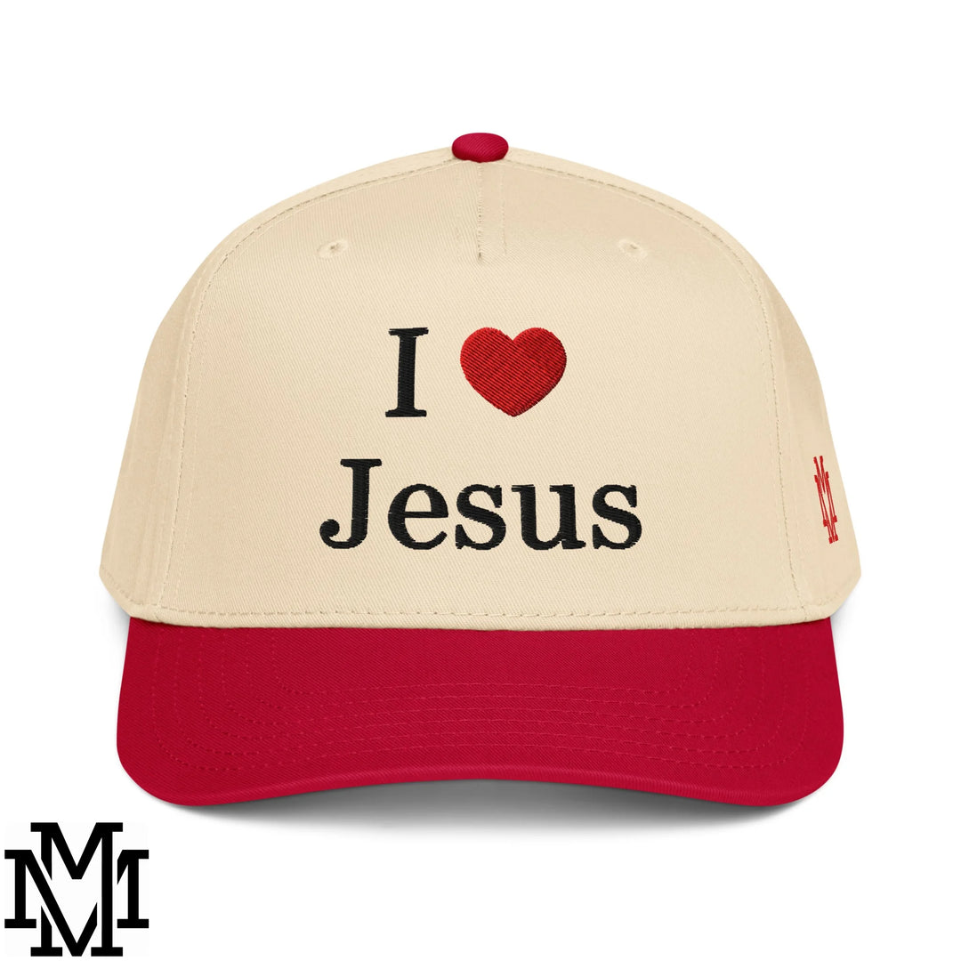 I Love Jesus Heart Embroidered Baseball Snapback Hat - Red Natural