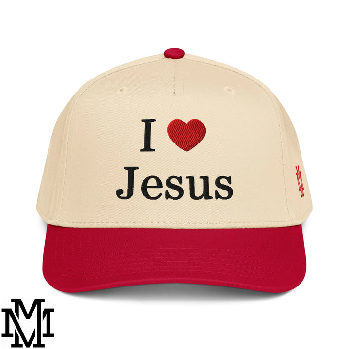 I Love Jesus Heart Embroidered Baseball Snapback Hat - Red Natural