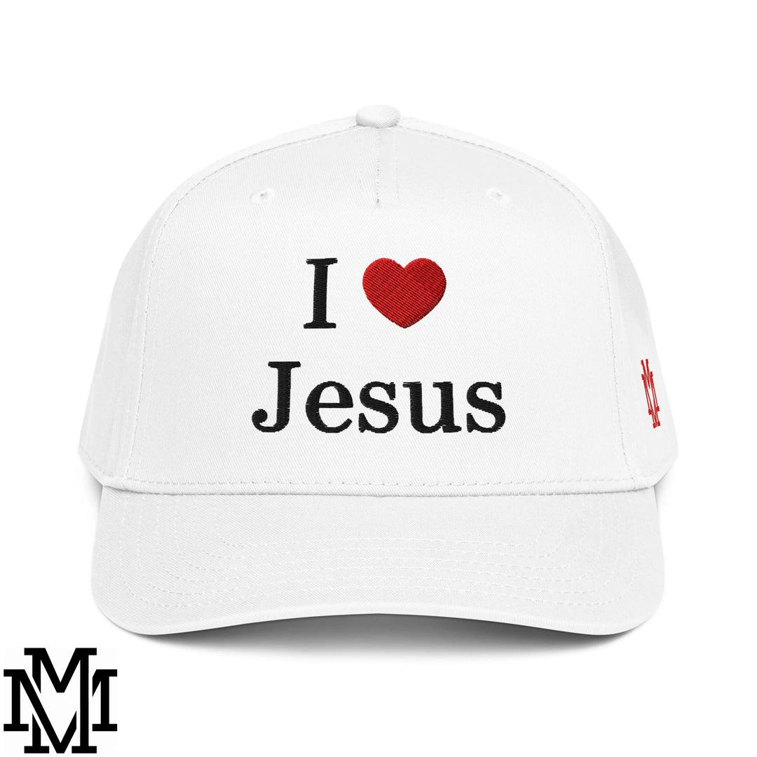 I Love Jesus Heart Embroidered Baseball Snapback Hat - White