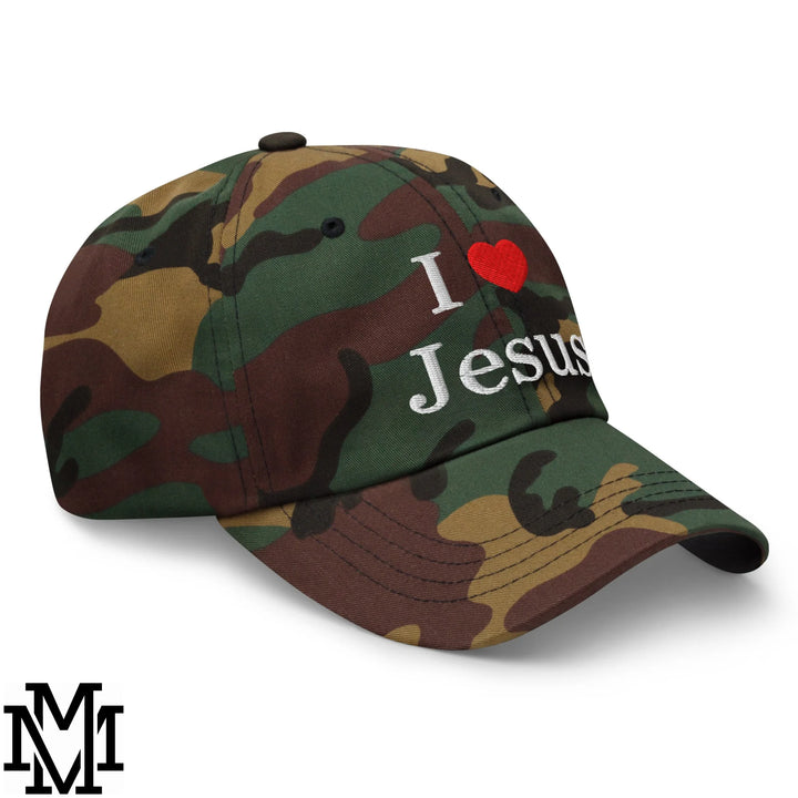 I Love Jesus Heart Embroidered Unstructured Dad Hat - Green Camo
