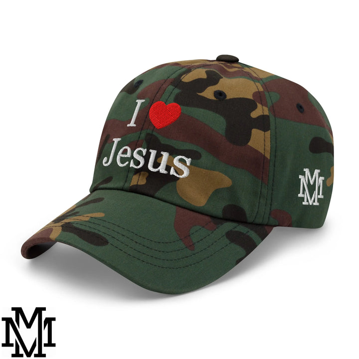 I Love Jesus Heart Embroidered Unstructured Dad Hat - Green Camo
