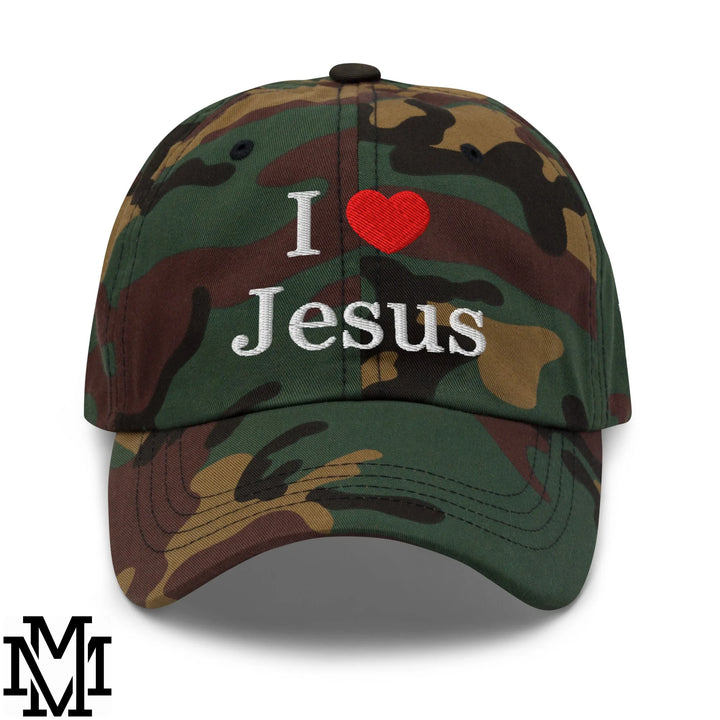 I Love Jesus Heart Embroidered Unstructured Dad Hat - Green Camo