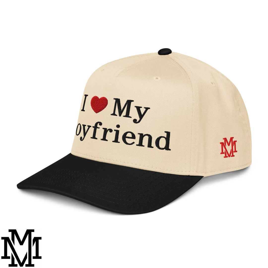 I Love My Boyfriend Heart Embroidered Baseball Snapback Hat - Black Natural