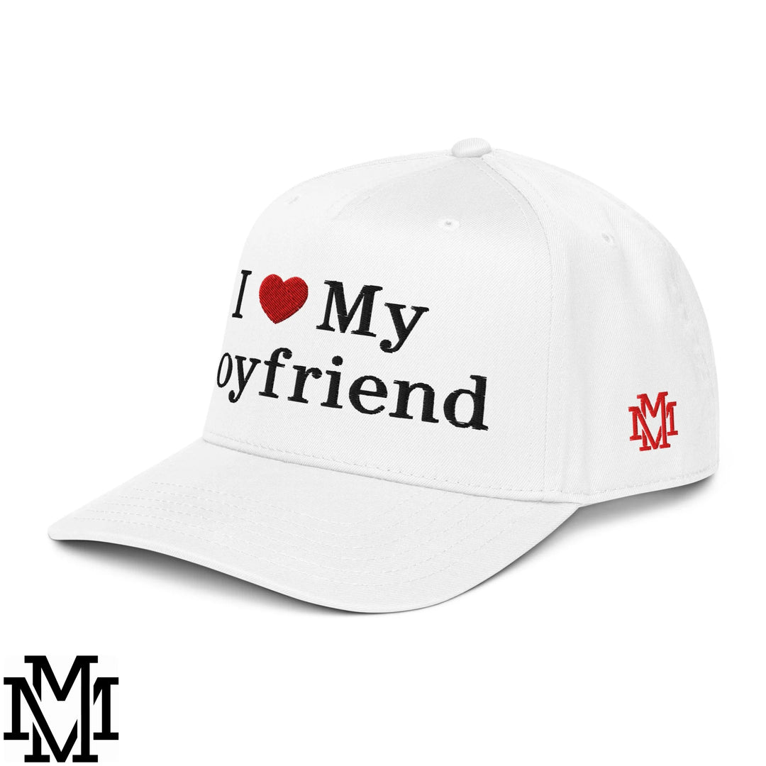 I Love My Boyfriend Heart Embroidered Baseball Snapback Hat - White
