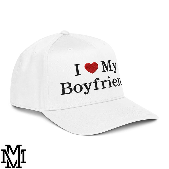 I Love My Boyfriend Heart Embroidered Baseball Snapback Hat - White