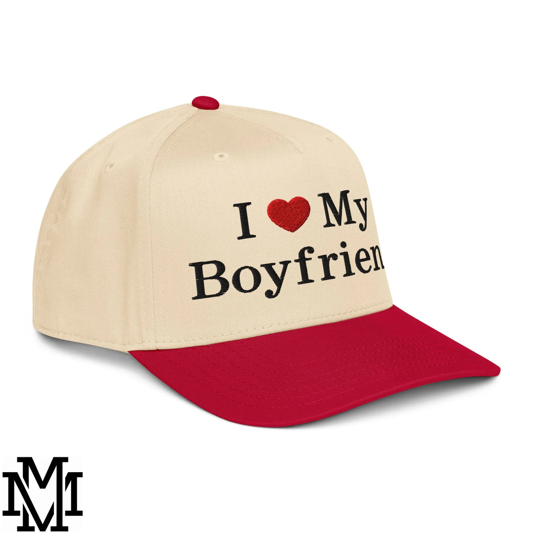 I Love My Boyfriend Heart Embroidered Baseball Snapback Hat - Red Natural