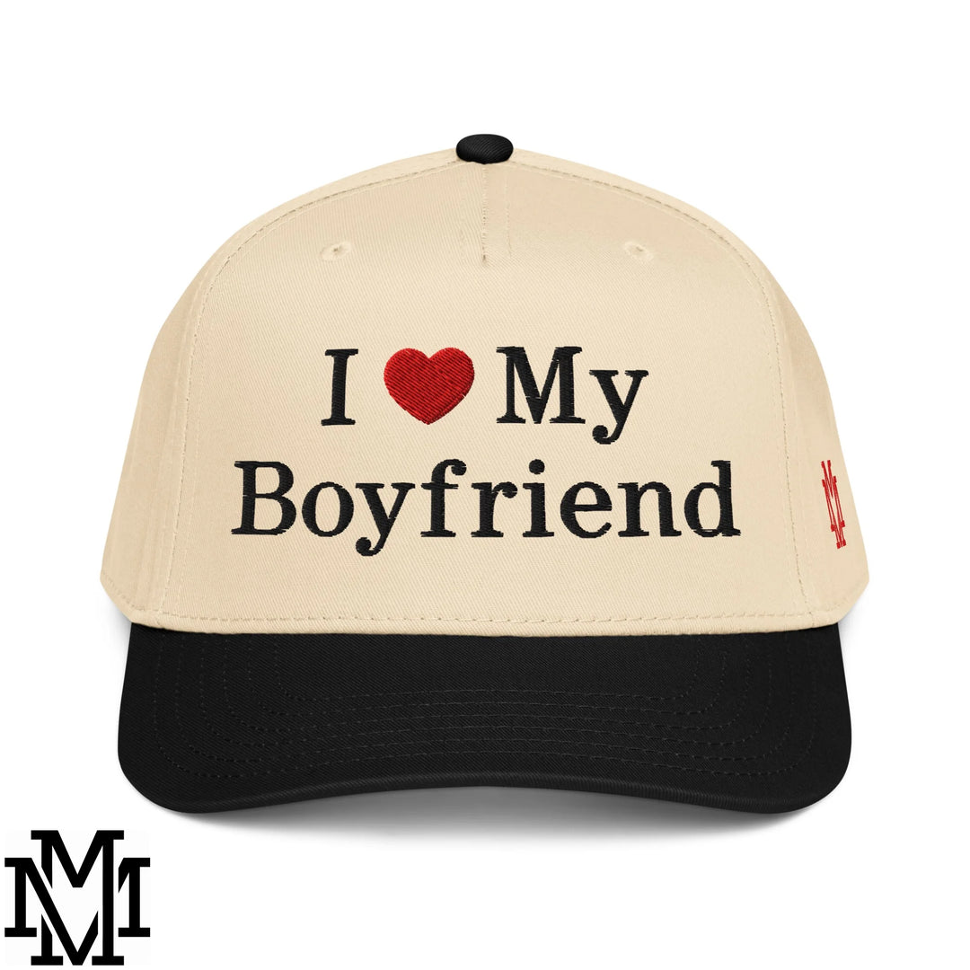 I Love My Boyfriend Heart Embroidered Baseball Snapback Hat - Black Natural