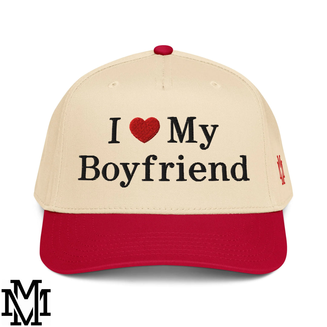 I Love My Boyfriend Heart Embroidered Baseball Snapback Hat - Red Natural