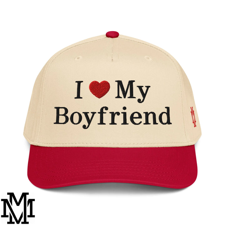 I Love My Boyfriend Heart Embroidered Baseball Snapback Hat - Red Natural