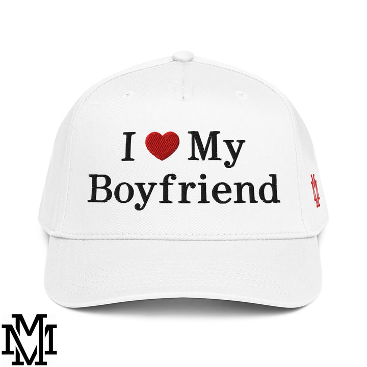 I Love My Boyfriend Heart Embroidered Baseball Snapback Hat - White