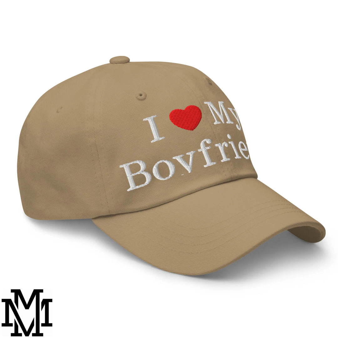 I Love My Boyfriend Heart Embroidered Unstructured Dad Hat - Khaki