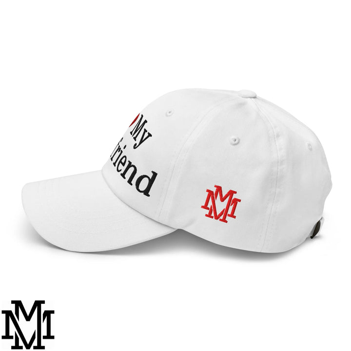 I Love My Boyfriend Heart Embroidered Unstructured Dad Hat - White