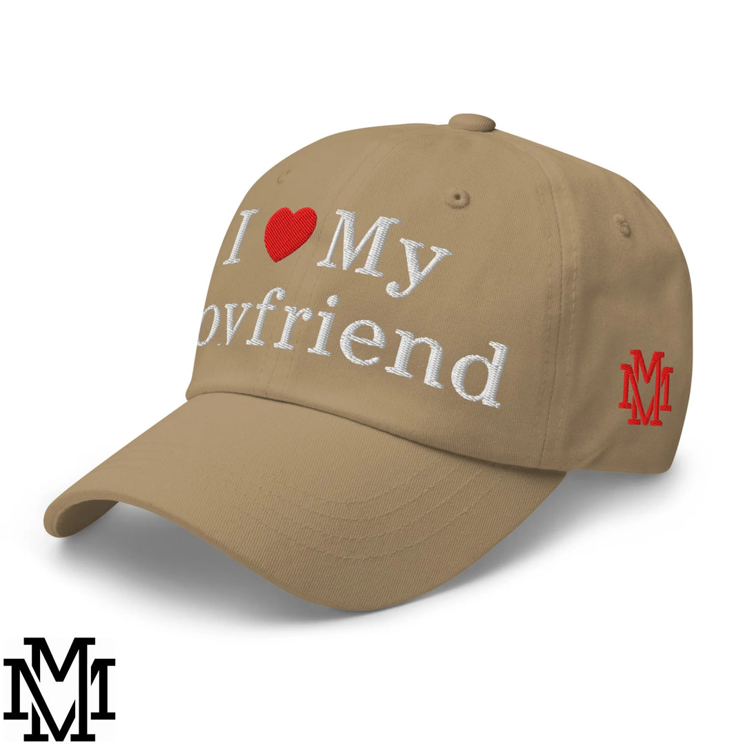 I Love My Boyfriend Heart Embroidered Unstructured Dad Hat - Khaki