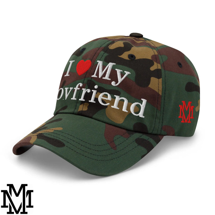 I Love My Boyfriend Heart Embroidered Unstructured Dad Hat - Green Camo
