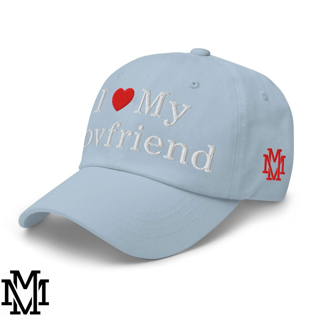 I Love My Boyfriend Heart Embroidered Unstructured Dad Hat - Light Blue