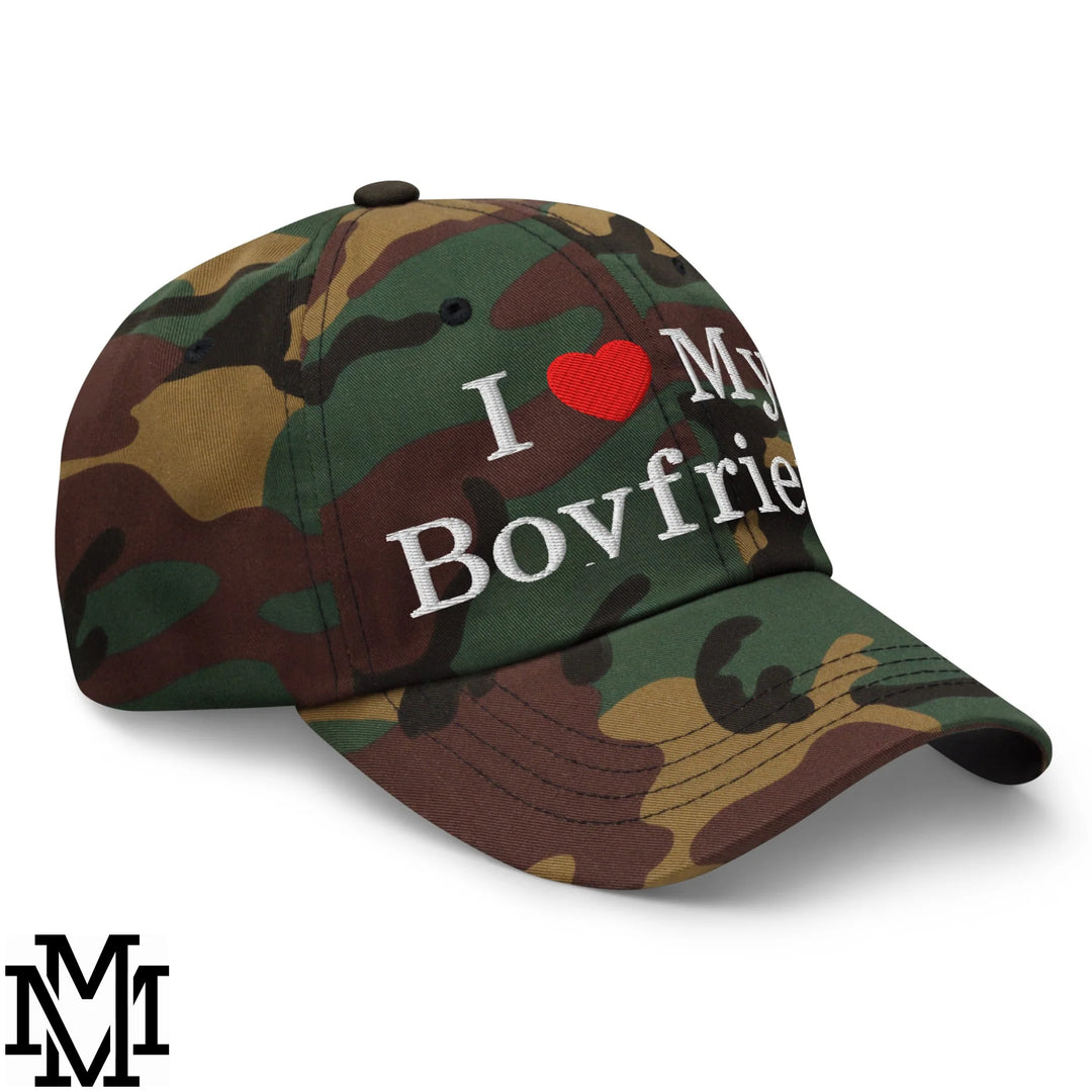 I Love My Boyfriend Heart Embroidered Unstructured Dad Hat - Green Camo