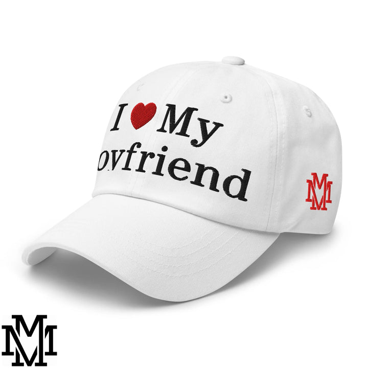 I Love My Boyfriend Heart Embroidered Unstructured Dad Hat - White