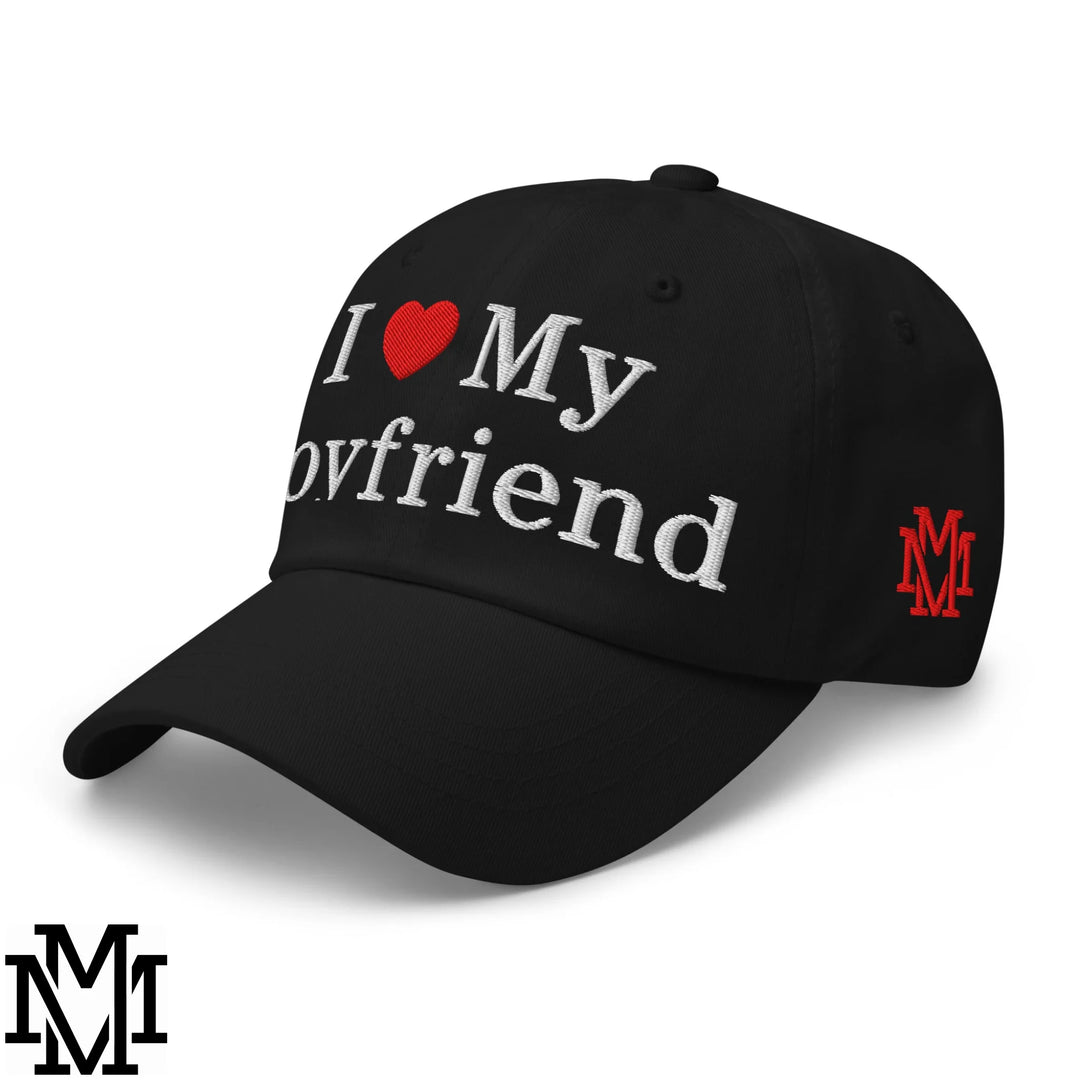 I Love My Boyfriend Heart Embroidered Unstructured Dad Hat - Black