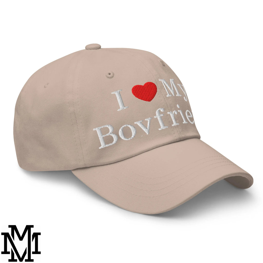 I Love My Boyfriend Heart Embroidered Unstructured Dad Hat - Stone