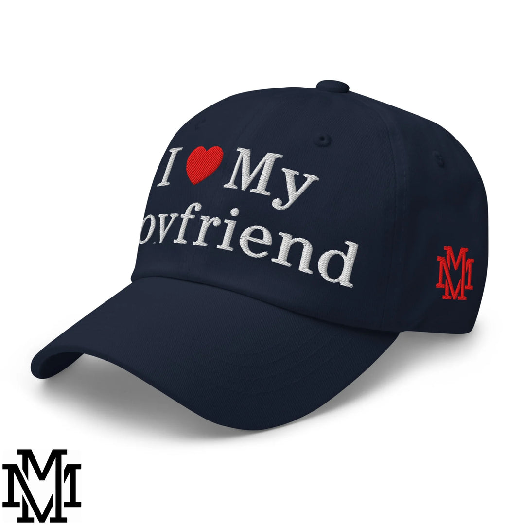 I Love My Boyfriend Heart Embroidered Unstructured Dad Hat - Navy