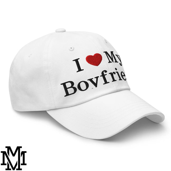 I Love My Boyfriend Heart Embroidered Unstructured Dad Hat - White