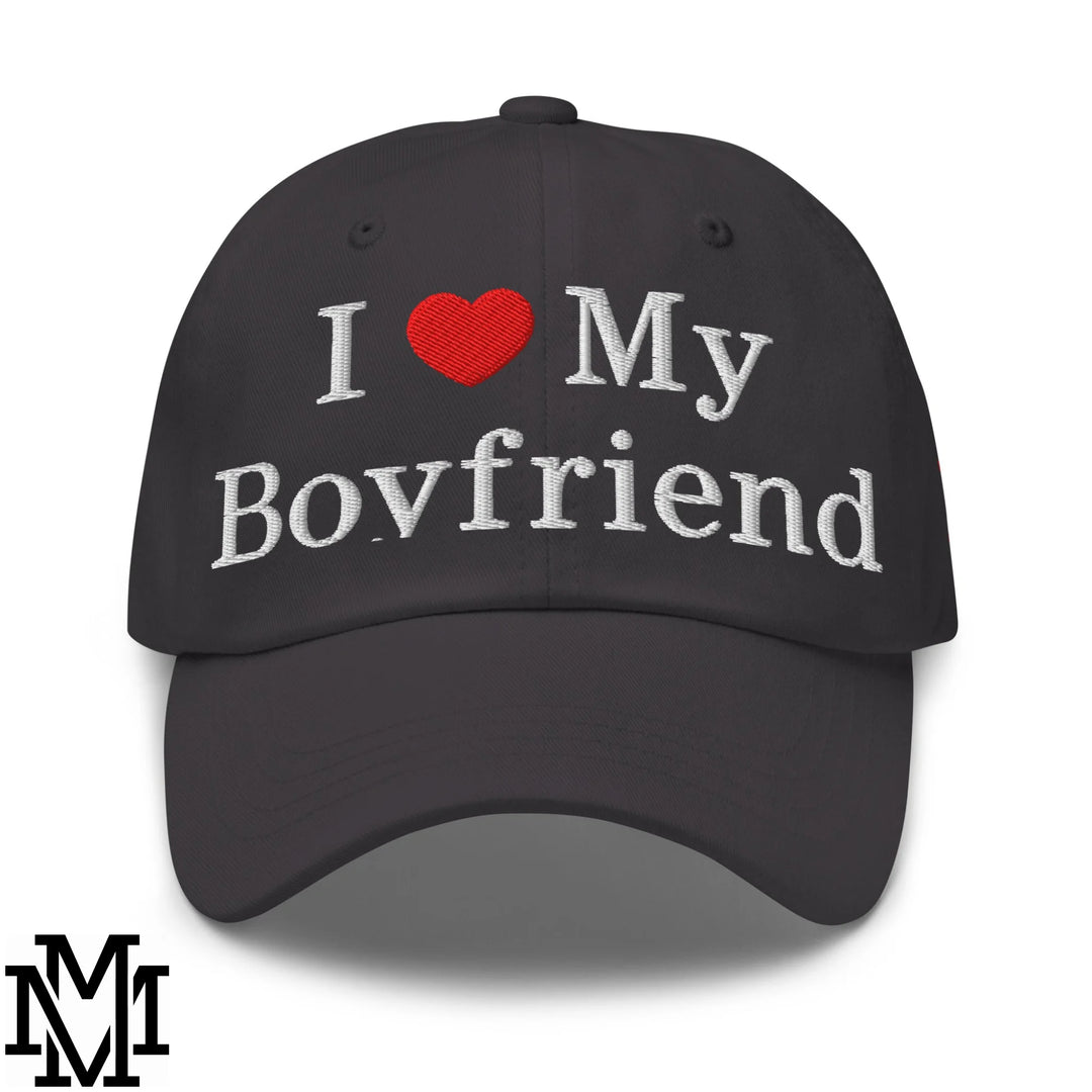 I Love My Boyfriend Heart Embroidered Unstructured Dad Hat - Dark Grey