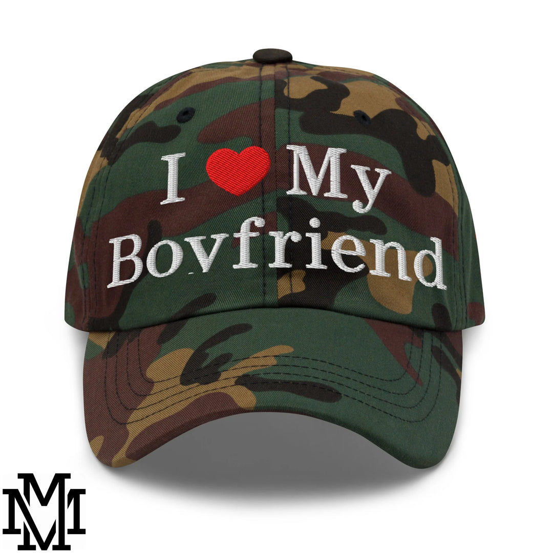 I Love My Boyfriend Heart Embroidered Unstructured Dad Hat - Green Camo