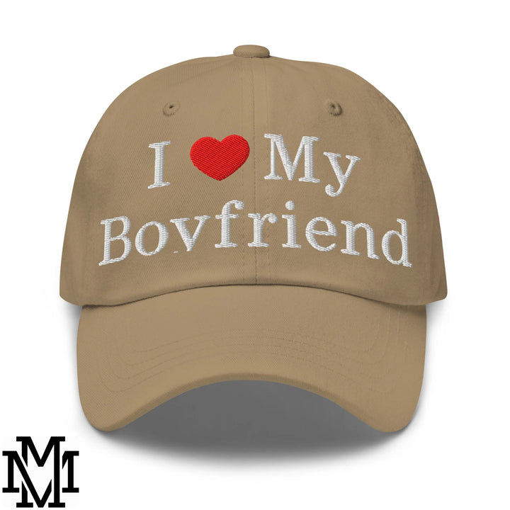 I Love My Boyfriend Heart Embroidered Unstructured Dad Hat - Khaki