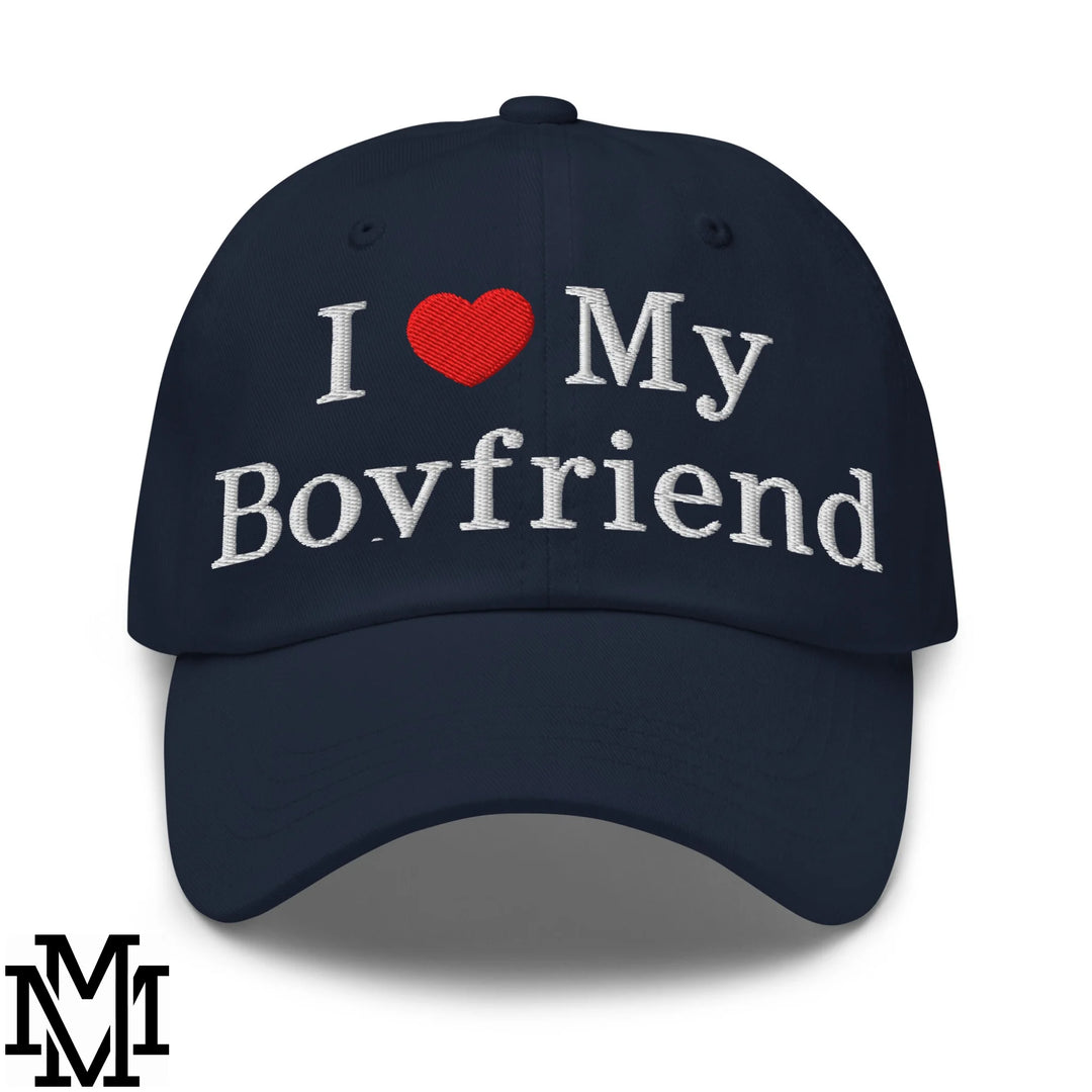 I Love My Boyfriend Heart Embroidered Unstructured Dad Hat - Navy