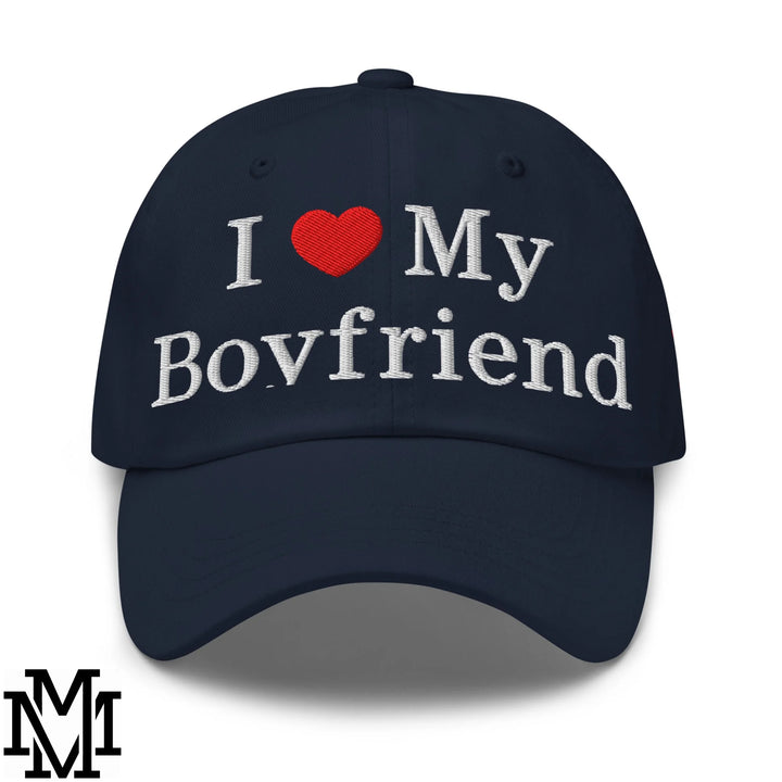 I Love My Boyfriend Heart Embroidered Unstructured Dad Hat - Navy