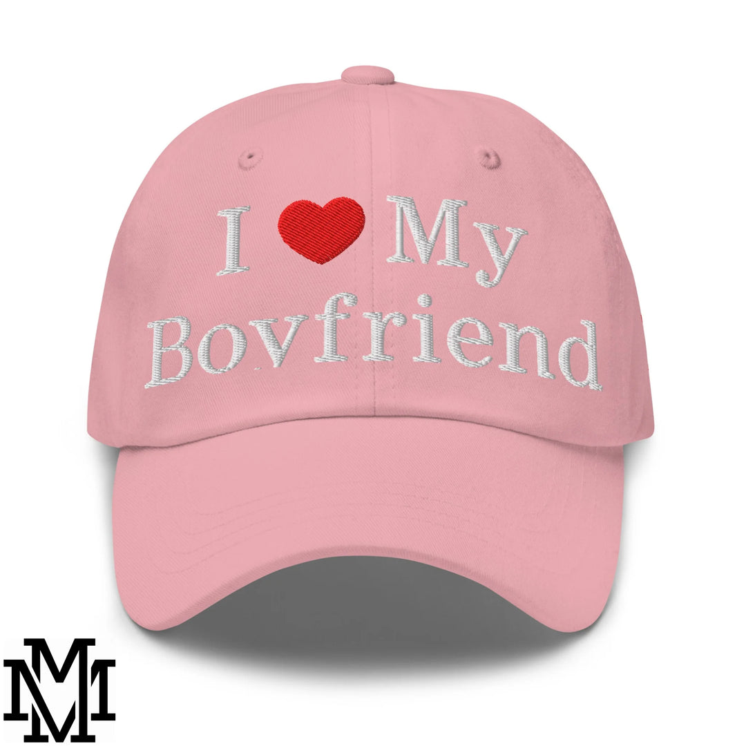I Love My Boyfriend Heart Embroidered Unstructured Dad Hat - Pink